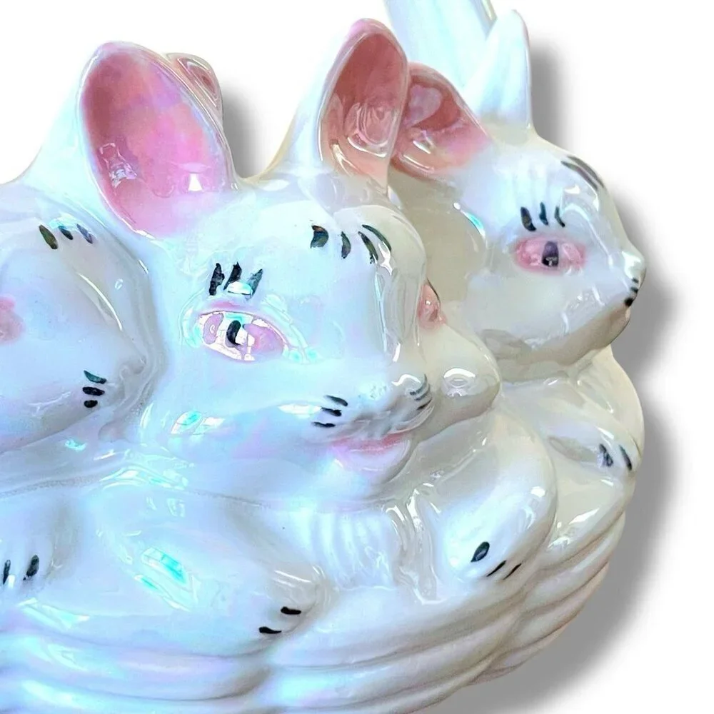 Vintage Atlantic Mold Ceramic Easter Basket Iridescent Bunny Rabbits Candy Dish